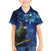 New Zealand Tui Bird Matariki Family Matching Off Shoulder Short Dress and Hawaiian Shirt Maori New Year with Galaxy Fern