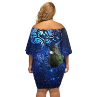New Zealand Tui Bird Matariki Off Shoulder Short Dress Maori New Year with Galaxy Fern