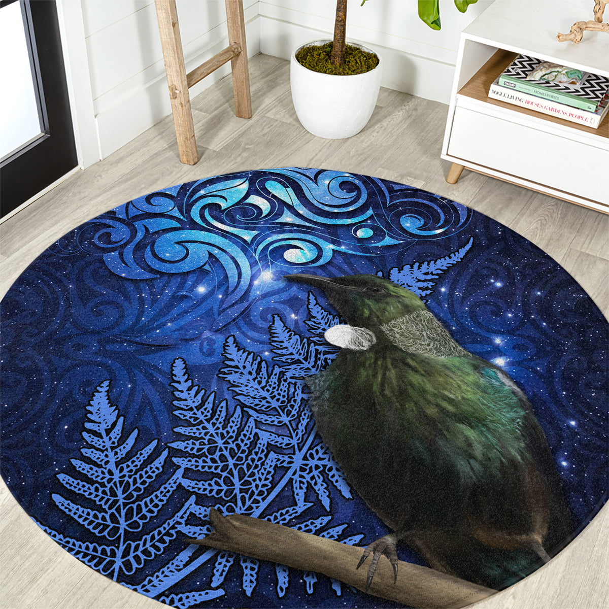 New Zealand Tui Bird Matariki Round Carpet Maori New Year with Galaxy Fern