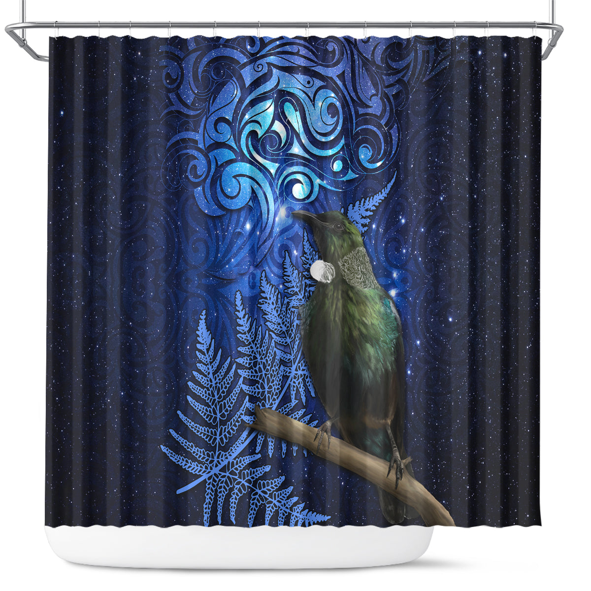 New Zealand Tui Bird Matariki Shower Curtain Maori New Year with Galaxy Fern