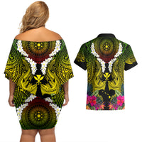 Hawaii Kanaka Maoli Couples Matching Off Shoulder Short Dress and Hawaiian Shirt Double Shark and Hibiscus Flowers