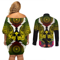 Hawaii Kanaka Maoli Couples Matching Off Shoulder Short Dress and Long Sleeve Button Shirt Double Shark and Hibiscus Flowers
