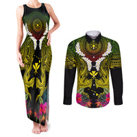 Hawaii Kanaka Maoli Couples Matching Tank Maxi Dress and Long Sleeve Button Shirt Double Shark and Hibiscus Flowers
