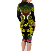 Hawaii Kanaka Maoli Family Matching Long Sleeve Bodycon Dress and Hawaiian Shirt Double Shark and Hibiscus Flowers