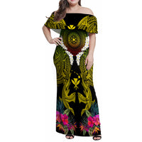 Hawaii Kanaka Maoli Family Matching Off Shoulder Maxi Dress and Hawaiian Shirt Double Shark and Hibiscus Flowers
