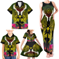 Hawaii Kanaka Maoli Family Matching Tank Maxi Dress and Hawaiian Shirt Double Shark and Hibiscus Flowers
