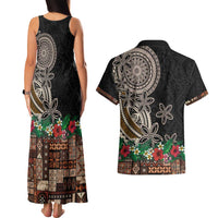 Samoa Siapo Polynesian Art Couples Matching Tank Maxi Dress and Hawaiian Shirt Tropical Flowers and Tatau Pattern Brown
