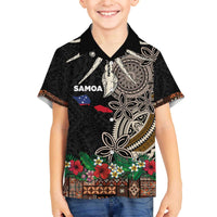 Samoa Siapo Polynesian Art Family Matching Off The Shoulder Long Sleeve Dress and Hawaiian Shirt Tropical Flowers and Tatau Pattern Brown