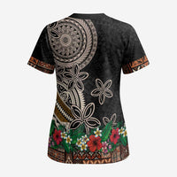 Samoa Siapo Polynesian Art Scrub Top Tropical Flowers and Tatau Pattern Brown - Polynesian Pride