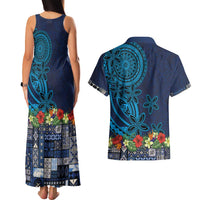 Samoa Siapo Polynesian Art Couples Matching Tank Maxi Dress and Hawaiian Shirt Tropical Flowers and Tatau Pattern Navy