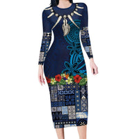 Samoa Siapo Polynesian Art Family Matching Long Sleeve Bodycon Dress and Hawaiian Shirt Tropical Flowers and Tatau Pattern Navy