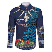 Samoa Siapo Polynesian Art Family Matching Off Shoulder Short Dress and Hawaiian Shirt Tropical Flowers and Tatau Pattern Navy