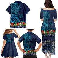 Samoa Siapo Polynesian Art Family Matching Puletasi and Hawaiian Shirt Tropical Flowers and Tatau Pattern Navy