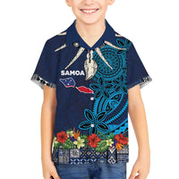Samoa Siapo Polynesian Art Family Matching Puletasi and Hawaiian Shirt Tropical Flowers and Tatau Pattern Navy