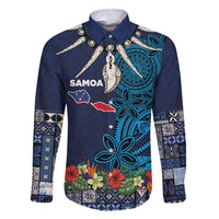 Samoa Siapo Polynesian Art Family Matching Short Sleeve Bodycon Dress and Hawaiian Shirt Tropical Flowers and Tatau Pattern Navy