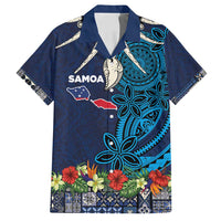 Samoa Siapo Polynesian Art Family Matching Tank Maxi Dress and Hawaiian Shirt Tropical Flowers and Tatau Pattern Navy