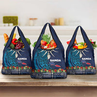 Samoa Siapo Polynesian Art Grocery Bag Tropical Flowers and Tatau Pattern Navy