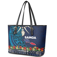 Samoa Siapo Polynesian Art Leather Tote Bag Tropical Flowers and Tatau Pattern Navy