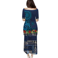 Samoa Siapo Polynesian Art Puletasi Tropical Flowers and Tatau Pattern Navy