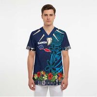 Samoa Siapo Polynesian Art Scrub Top Tropical Flowers and Tatau Pattern Navy - Polynesian Pride