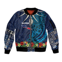 Samoa Siapo Polynesian Art Sleeve Zip Bomber Jacket Tropical Flowers and Tatau Pattern Navy LT03 Unisex Navy - Polynesian Pride