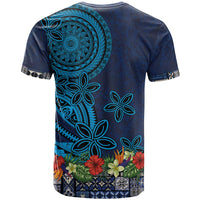 Samoa Siapo Polynesian Art T Shirt Tropical Flowers and Tatau Pattern Navy
