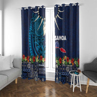 Samoa Siapo Polynesian Art Window Curtain Tropical Flowers and Tatau Pattern Navy