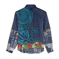 Samoa Siapo Polynesian Art Women Casual Shirt Tropical Flowers and Tatau Pattern Navy