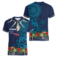Samoa Siapo Polynesian Art Women V-Neck T-Shirt Tropical Flowers and Tatau Pattern Navy LT03 - Polynesian Pride