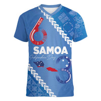 Samoa Independence Day Women V-Neck T-Shirt Anniversary 63th-Siapo Art LT03 Female Blue - Polynesian Pride