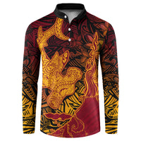 Hawaiian Volcano and Shark Button Sweatshirt Polynesian and Hibiscus Pattern Lava Color