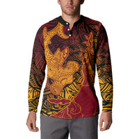 Hawaiian Volcano and Shark Button Sweatshirt Polynesian and Hibiscus Pattern Lava Color