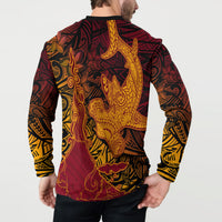 Hawaiian Volcano and Shark Button Sweatshirt Polynesian and Hibiscus Pattern Lava Color