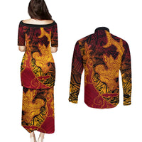 Hawaiian Volcano and Shark Couples Matching Puletasi and Long Sleeve Button Shirt Polynesian and Hibiscus Pattern Lava Color LT03 - Polynesian Pride