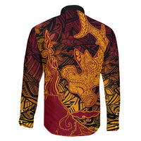 Hawaiian Volcano and Shark Family Matching Long Sleeve Bodycon Dress and Hawaiian Shirt Polynesian and Hibiscus Pattern Lava Color