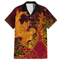 Hawaiian Volcano and Shark Family Matching Off The Shoulder Long Sleeve Dress and Hawaiian Shirt Polynesian and Hibiscus Pattern Lava Color LT03 Dad's Shirt - Short Sleeve Red - Polynesian Pride