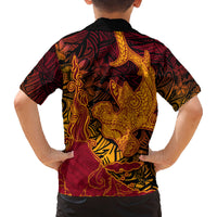 Hawaiian Volcano and Shark Family Matching Off Shoulder Short Dress and Hawaiian Shirt Polynesian and Hibiscus Pattern Lava Color