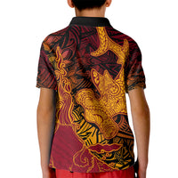 Hawaiian Volcano and Shark Kid Polo Shirt Polynesian and Hibiscus Pattern Lava Color