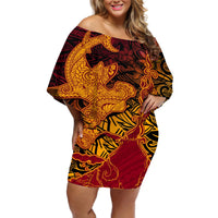 Hawaiian Volcano and Shark Off Shoulder Short Dress Polynesian and Hibiscus Pattern Lava Color LT03 Women Red - Polynesian Pride