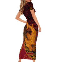 Hawaiian Volcano and Shark Short Sleeve Bodycon Dress Polynesian and Hibiscus Pattern Lava Color LT03 - Polynesian Pride