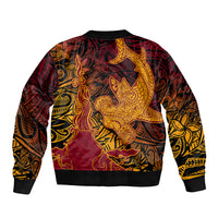 Hawaiian Volcano and Shark Sleeve Zip Bomber Jacket Polynesian and Hibiscus Pattern Lava Color