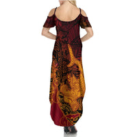 Hawaiian Volcano and Shark Summer Maxi Dress Polynesian and Hibiscus Pattern Lava Color LT03 - Polynesian Pride
