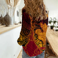 Hawaiian Volcano and Shark Women Casual Shirt Polynesian and Hibiscus Pattern Lava Color