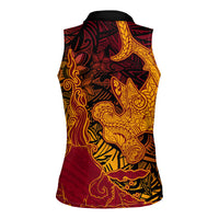 Hawaiian Volcano and Shark Women Sleeveless Polo Shirt Polynesian and Hibiscus Pattern Lava Color