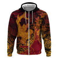 Hawaiian Volcano and Shark Zip Hoodie Polynesian and Hibiscus Pattern Lava Color