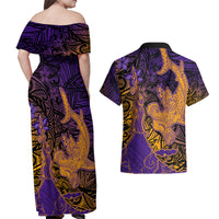 Hawaiian Volcano and Shark Couples Matching Off Shoulder Maxi Dress and Hawaiian Shirt Polynesian and Hibiscus Pattern Purple Yellow Gradient