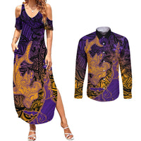 Hawaiian Volcano and Shark Couples Matching Summer Maxi Dress and Long Sleeve Button Shirt Polynesian and Hibiscus Pattern Purple Yellow Gradient