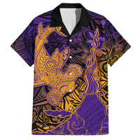 Hawaiian Volcano and Shark Family Matching Tank Maxi Dress and Hawaiian Shirt Polynesian and Hibiscus Pattern Purple Yellow Gradient