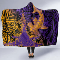Hawaiian Volcano and Shark Hooded Blanket Polynesian and Hibiscus Pattern Purple Yellow Gradient LT03 - Polynesian Pride