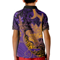 Hawaiian Volcano and Shark Kid Polo Shirt Polynesian and Hibiscus Pattern Purple Yellow Gradient